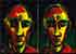 Zwei fast identische Männerköpfe frontal, in kräftigen Farben auf dunklem Hintergrund